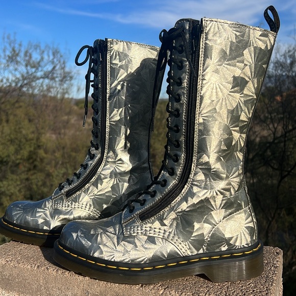 Dr. Martens Holographic Silver Prism Tall 14 Eye Lace Up & Side Zip Boots - Picture 6 of 17